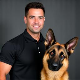 Alex Ramirez, our Canine Good Citizen Evaluator, posing with a well-behaved German Shepherd.
